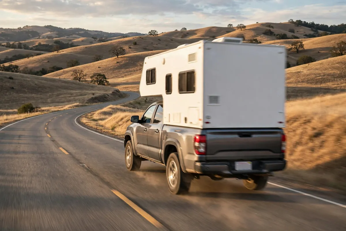 Truck Camper Cost Per Year: The True Cost of Ownership 5 Pickup truck with a tall hard-side truck camper driving on an open highway, seen from behind