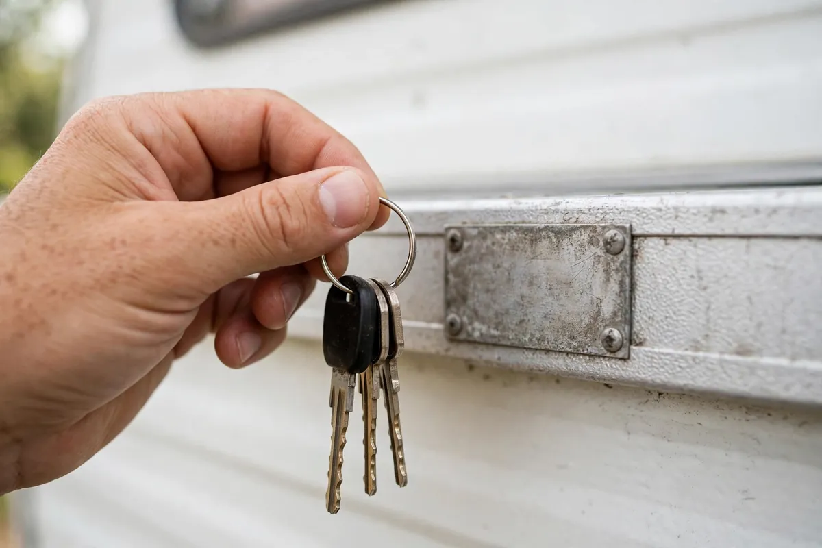 Truck Camper Cost Per Year: The True Cost of Ownership 3 Hand holding truck keys next to the serial number plate on a truck camper frame