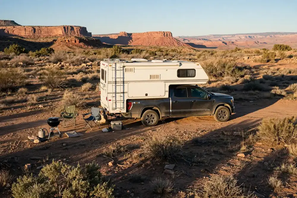 Truck Camper Cost Per Year: The True Cost of Ownership 7 Truck camper rig camped in a desert boondocking site in low winter sunlight with camp chairs set up outside