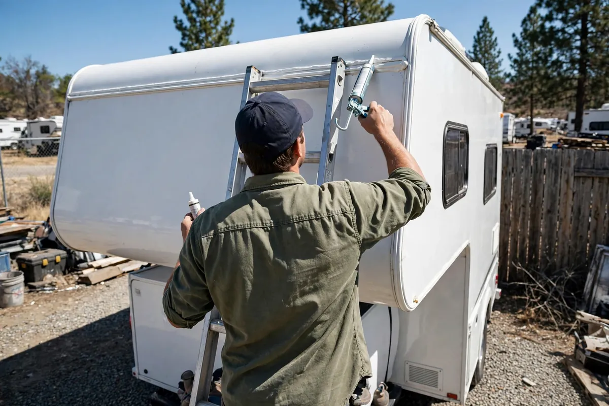 Truck Camper Cost Per Year: The True Cost of Ownership 4 Owner on a ladder applying sealant with a caulking gun along the roof seam of a truck camper