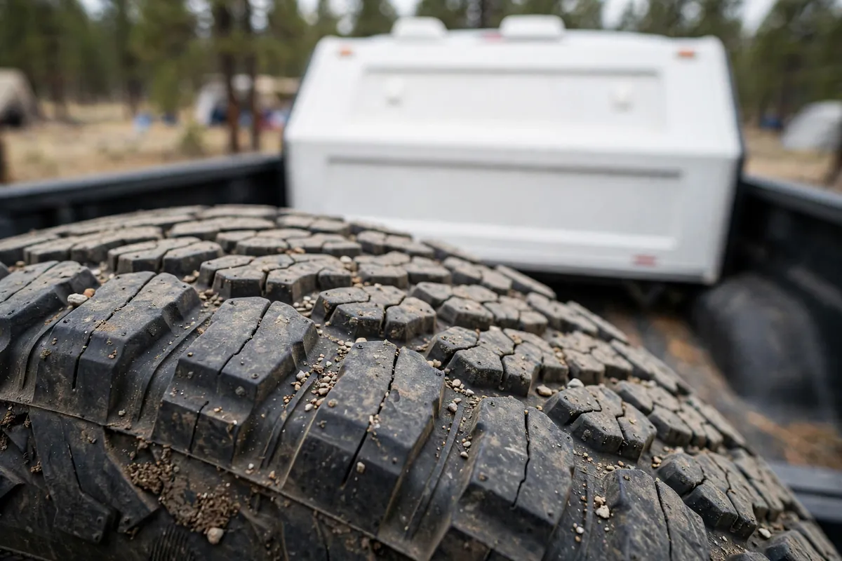 Truck Camper Cost Per Year: The True Cost of Ownership 6 Close-up of an all-terrain truck tire tread showing wear, with a truck camper visible in the truck bed behind