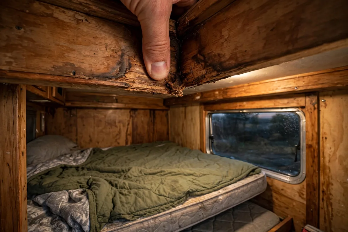 Thumb pressing into a truck camper cabover ceiling corner to check for soft water-damaged wood
