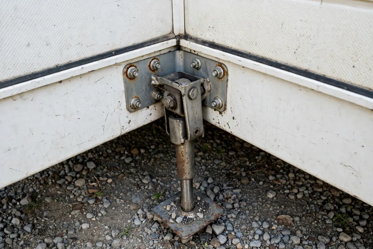 Truck camper corner jack leg and mounting plate bracket with bolts showing slight wear on gravel