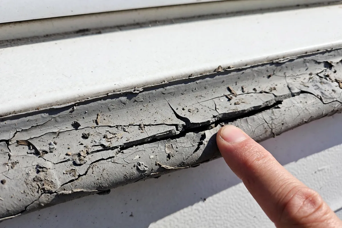 Close-up of cracked weathered lap sealant along a truck camper roof seam with a finger pointing at a crack