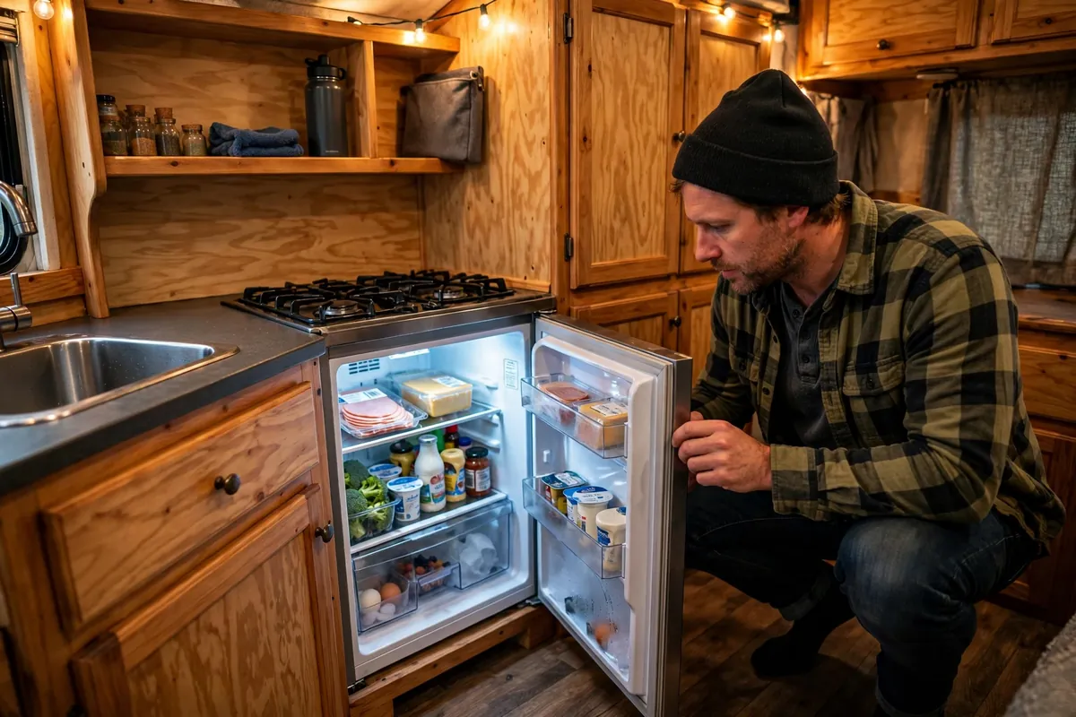 Owner testing an RV absorption refrigerator with the door open inside a truck camper