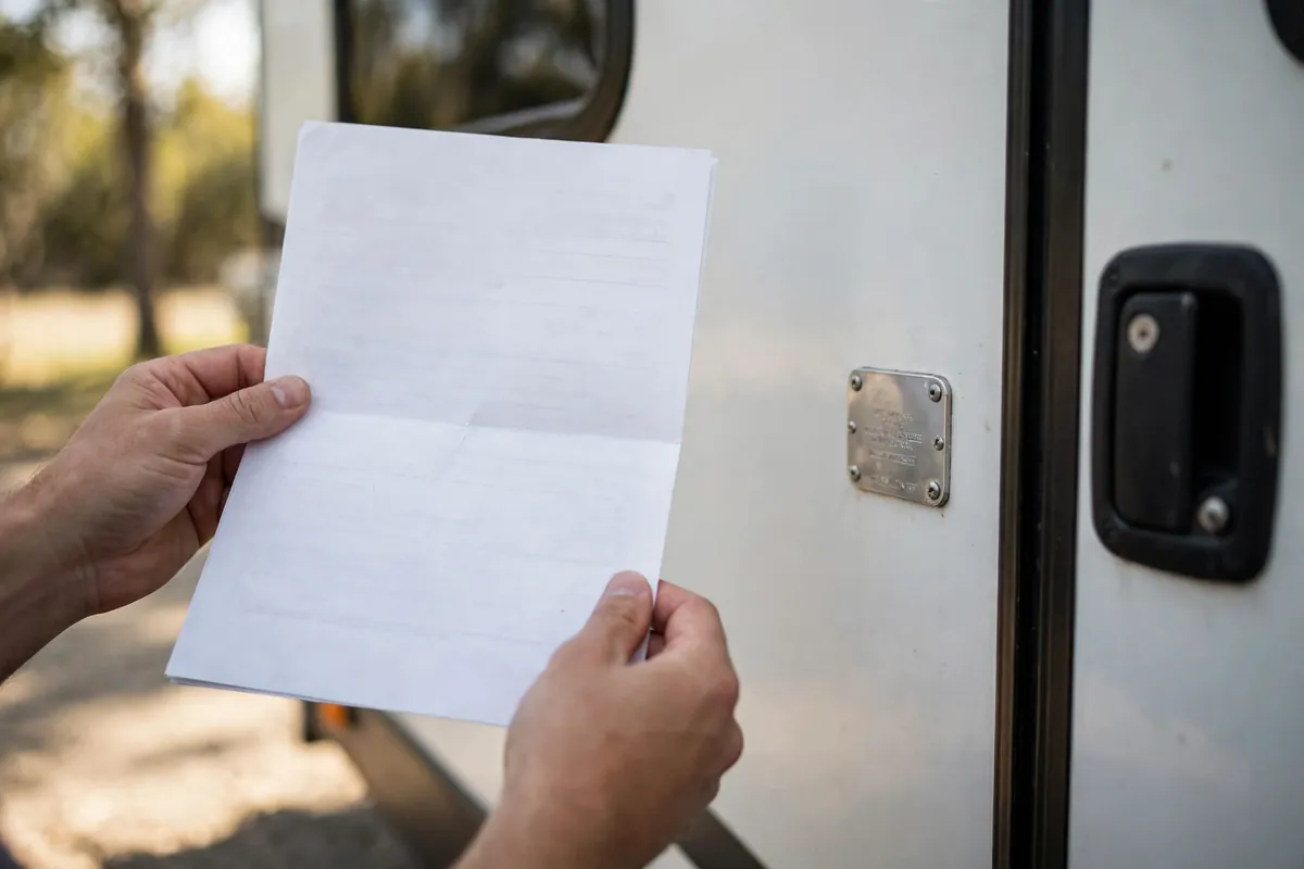 Hands holding a vehicle title document next to the VIN plate by a truck camper entry door