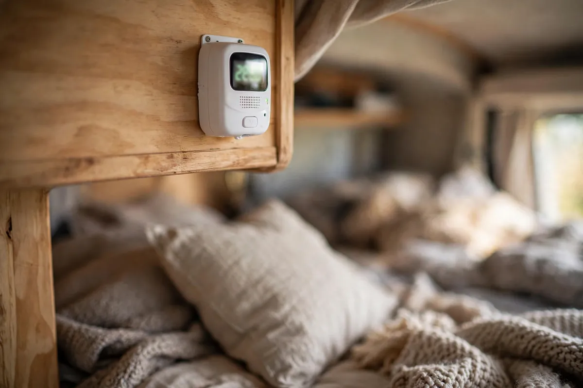 Battery-powered carbon monoxide alarm mounted near the cabover sleeping area of a truck camper