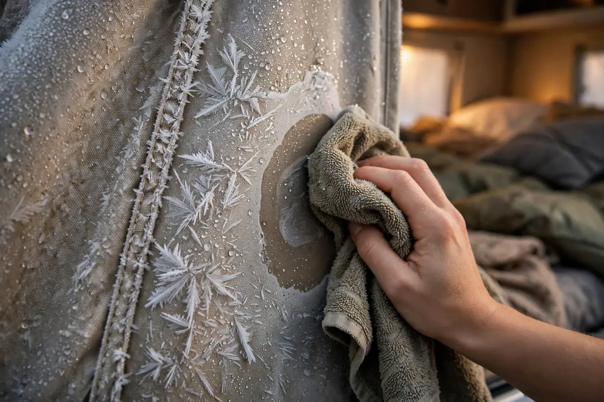 Frost and condensation on the inside of a pop-up truck camper canvas wall, hand wiping with a camp towel