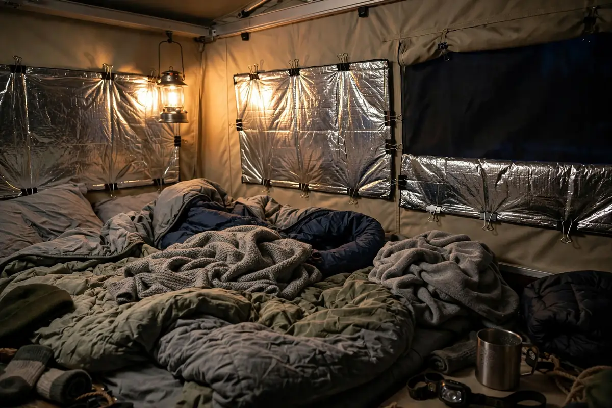 Cozy pop-up truck camper interior at night with Reflectix panels clipped to canvas walls and warm lantern glow