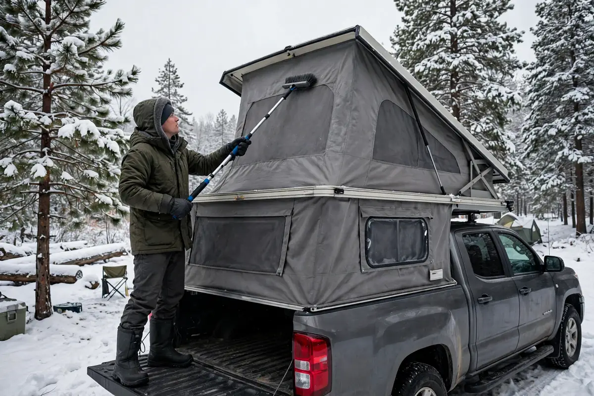 Person brushing snow off the raised roof of a pop-up truck camper at a snowy campsite