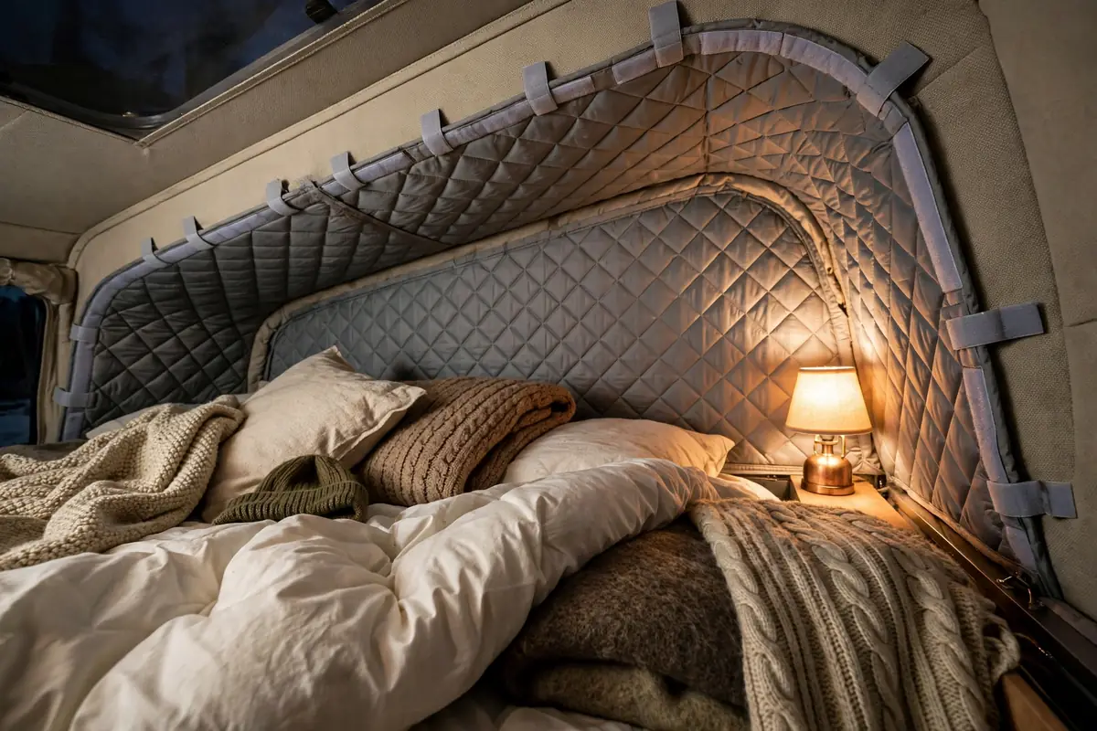Quilted thermal pack liner velcroed to the soft walls around a pop-up camper cabover bed with cozy winter bedding
